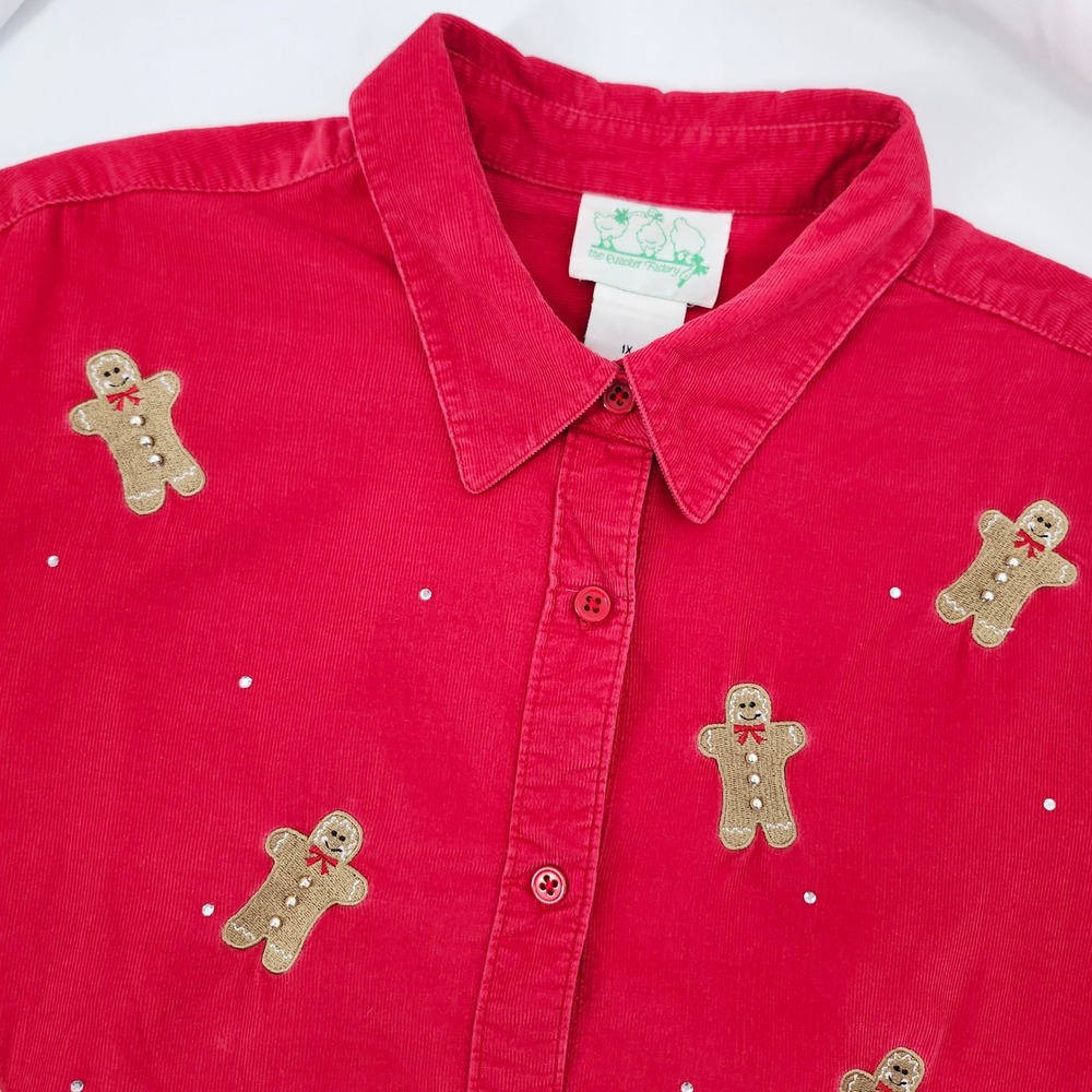 The Quacker Factory Womens Red Gingerbread Corduroy Holiday Top Size 1X Festive